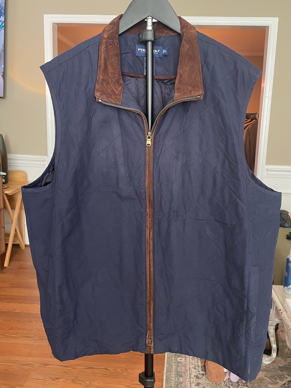 Polo Ralph Lauren Men’s Hybrid Vest Navy Blue/Leather, Full Zip, Size‎ XL